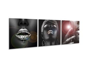artissimo, tableau en verre multi-partie XXL, 3 pièces ca.150 x 50 cm, mode, lèvres argentées, femmes, image en décoration murale en verre, salon mural