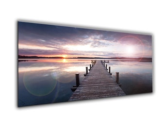 artissimo, glass picture, 125 x 50 cm, picture behind glass, photo, print, mural, poster, modern, landscape format, panorama, jetty, lake, sunset