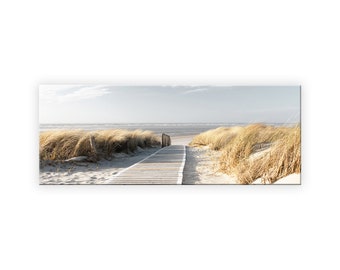 artissimo, glass picture, 80 x 30 cm, picture behind glass, photo, print, poster, mural, modern, landscape format, panorama, beach and sea, dunes North Sea