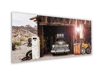 artissimo, glass picture, 125 x 50 cm, picture behind glass, photo, print, mural, poster, modern, landscape format, panorama, vintage car, rusty car