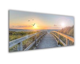 artissimo, glass picture, 125 x 50 cm, picture behind glass, photo, print, mural, poster, modern, landscape format, panorama, jetty, path to the sea