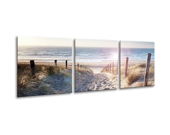 artissimo, glass picture multi-part XXL, 3-piece ca.150 x 50 cm, dunes, beach and sea, picture made of glass, wall decoration, mural living room modern