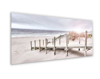 artissimo, glass picture, 125 x 50 cm, picture behind glass, photo, print, mural, poster, modern, landscape format, panorama, jetty, beach