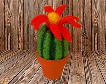 Natürlich aussehende Nadel gefilzte Kaktus - grün mit roten Blüten in Terracotta-Topf, handgefertigte Geschenk für jeden Anlass von MariRich