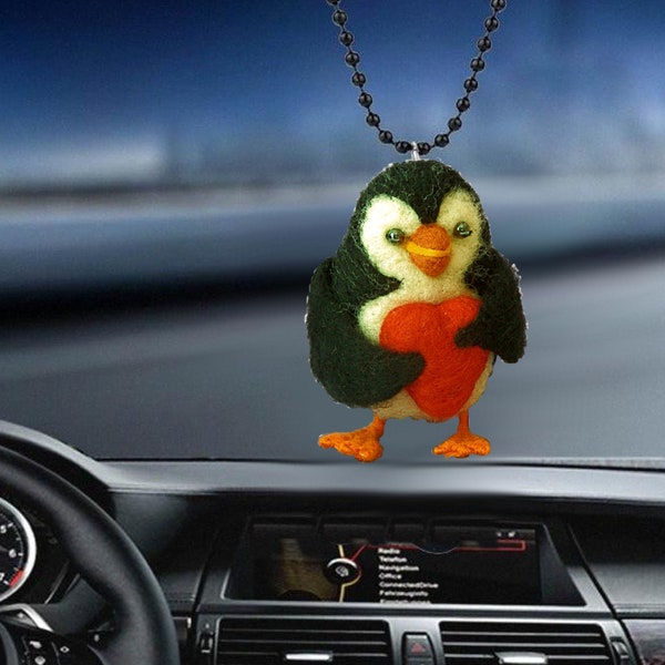 Pinguïn auto achteruitkijkspiegel ornamenten met groot hart. Swingend Zacht Vilt Zwart en Wit Kinderspeelgoed Home Decor door MariRich