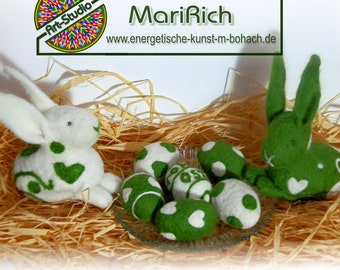 Easter Set: 2 Easter bunnies & 6 Easter eggs personalized with names, felted in white-green. Easter décor as an Easter gift for family by MariRich