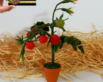 Natürlich aussehende Nadel gefilzte Tomatenpflanze mit roten Cherrys, gelben Blüten in Terracotta-Topf, handgefertigte Geschenk von MariRich