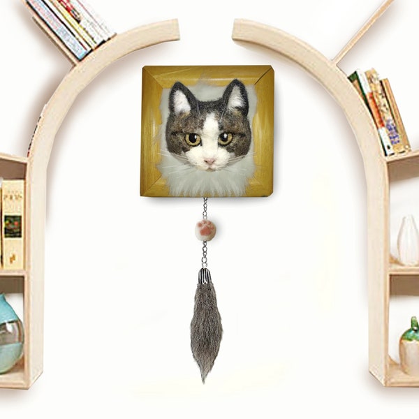 Grijze witte kat kat hoofd in frame Pet Memorial Pin broche. Vilten decor. Wollige kattenminiaturen. MariRich voor kattenliefhebbers