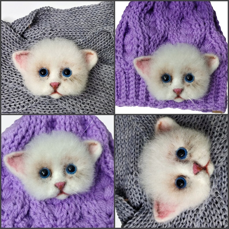 Witte schattige kat, vilten kattenbroche, kattenhoofd, modetrend 2023. Naaldvilten gelukskat. Cadeau voor kattenliefhebbers van MariRich afbeelding 7