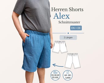 Men Shorts Sewing Pattern Alex pdf Pull On Shorts Elastic Waist Pockets Bermuda Pajama Shorts EU 44-60 A4 A0 Letter German English