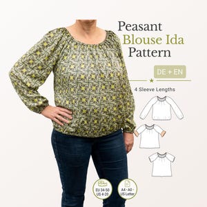 Peasant Blouse Sewing Pattern pdf Ida Off Shoulder Raglan Blouse Ruffle Sleeve eu 34-50 us 4-20 a4 a0 Letter German English