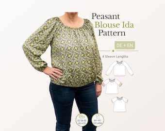 Peasant Blouse Sewing Pattern pdf Ida Off Shoulder Raglan Blouse Ruffle Sleeve eu 34-50 us 4-20 a4 a0 Letter German English