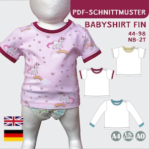 Może przedstawiać: Wzór szycia PDF na koszulkę dla niemowlęcia z nadrukiem jednorożca. Wzór obejmuje rozmiary 44-98, NB-2T. Wzór jest dostępny w rozmiarach A4, US Letter i A0.