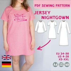 Padrão de costura camisola camisa feminina PDF camisa longa camisola vestido de dormir pijama top loungewear A4 A0 Carta Digital Download EU34-50 US4-20