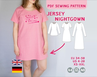 Schnittmuster Nachthemd Shirt Damen PDF Jersey Longshirt Schlafkleid Pyjama Oberteil Loungewear A4 A0 Letter Digital Download EU34-50 US4-20