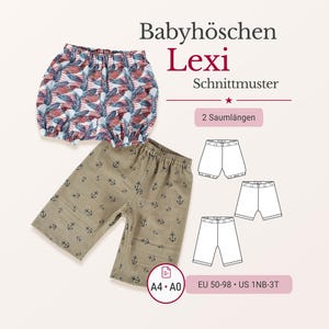 May include: The image shows two pairs of baby shorts: one with a red, white, and blue feather design, the other in tan with anchor motifs. Text includes "Babyhöschen Lexi Schnittmuster" and size details in EU and US measurements.