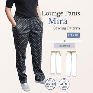May include: Black lounge pants with a white polka dot pattern. The trousers have an elasticated waistband and pockets. The image includes the text "Lounge Pants Mira Sewing Pattern" and size information.