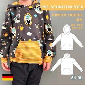 Patroon voor een kinderhoodie in PDF-formaat. 86-158 Capuchon trui wikkelkraag kangoeroezak sweatshirt A4 A0 Digitaal eBook Kim