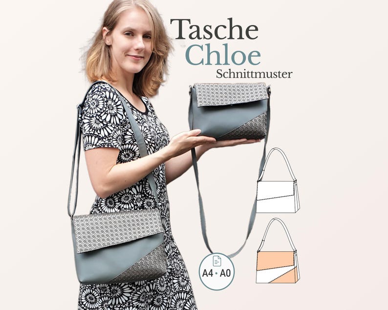 Patrón de costura para bolso Chloe PDF Bolso de mano Bolso de hombro con solapa Cremallera Forro 2 tamaños A4 A0 Alemán imagen 1