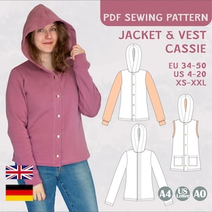 May include: A sewing pattern for a hooded jacket and vest. The pattern is available in sizes EU 34-50, US 4-20, and XS-XXL. The pattern is printed on A4, Letter, and A0 paper.