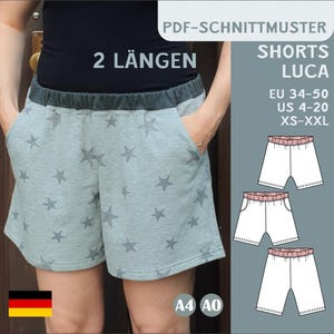 Puede incluir: Un patrón de costura PDF para pantalones cortos llamado "Luca" con dos longitudes. El patrón incluye las tallas EU 34-50, US 4-20 y XS-XXL. El patrón está disponible en tamaños A4 y A0. La imagen muestra a una mujer usando pantalones cortos con estampado de estrellas.