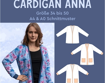 PDF sewing pattern Cardigan Anna Basic sweatshirt with pockets eBook sewing instructions German size 34 to 50 sew jersey without closure