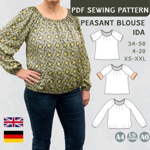 Patrón de costura blusa Carmen Ida PDF EU 34-50 US 4-20 Costura de blusa Hombros descubiertos Blusa de verano Blusa Dirndl Mangas elásticas Volante A4 A0 Carta