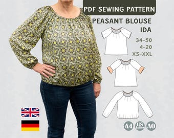 Schnittmuster Carmenbluse Ida PDF EU 34-50 US 4-20 Bluse nähen Off Shoulder Sommerbluse Dirndl Bluse Gummizug Ärmel Volant A4 A0 Letter