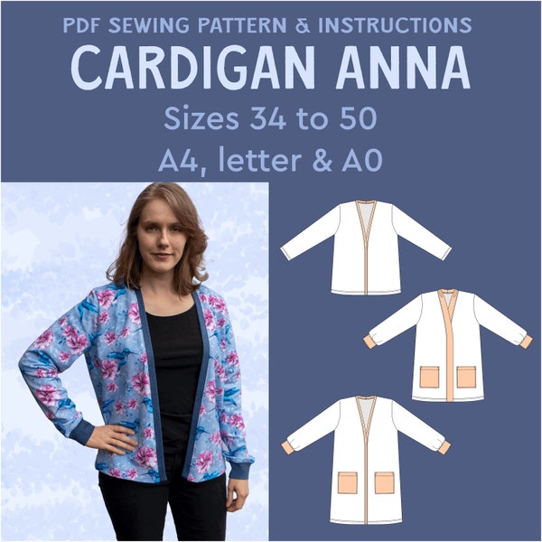 PDF sewing pattern Cardigan Anna Basic sweatshirt with pockets eBook sewing instructions english size 34 to 50 sew jersey without closure