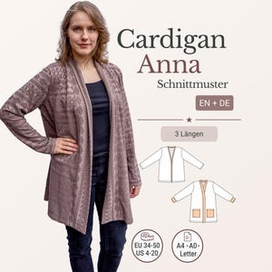 PDF sewing pattern cardigan Anna EU 34-50 US 4-20 open front jacket sewing pockets cuffs jersey sweat jacket long short 3 length A4 A0 eBook
