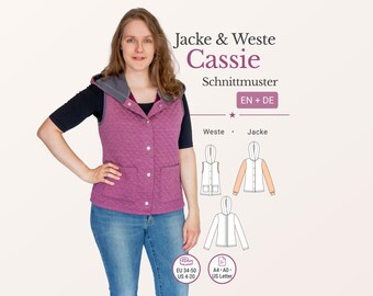 Molde para costura de colete de moletom Cassie, colete feminino com capuz e bolsos, colete sem zíper, pdf de + en eu 34-50 us 4-20 a4 a0 letter