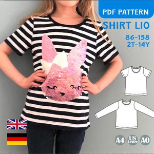 Patrón de costura en PDF Camisa infantil Camisa básica Niños Niñas Manga larga Manga corta Principiante Costura Jersey A4 A0 Letra Digital EU 86-158 US 2T-13Y Lio