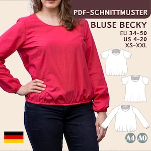 PDF Sewing Pattern Blouse Tunic Women Loose Fit Top with Elastic Hem Flowing Sleeves A4 A0 Digital Download Sewing Tutorial German only