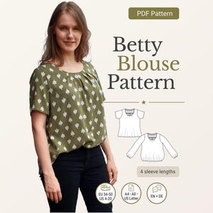 Patrón de costura para blusa holgada Betty PDF Blusa de verano boho tejida para mujer con pliegues EU 34-50 US 4-20 A4 A0 Carta Alemán Inglés