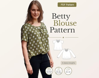 Loose Blouse Sewing Pattern pdf Betty Boho Woven Top Pleated Neckline eu 34-50 us 4-20 A4 A0 Letter German English