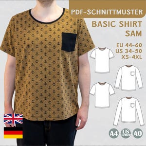 Könnte beinhalten: Senffarbenes T-Shirt mit schwarzem Anker-Muster und einer marineblauen Tasche. Das Shirt hat einen schwarzen Ausschnitt und kurze Ärmel. Der Text auf dem Bild lautet "PDF-SCHNITTMUSTER BASIC SHIRT SAM" und Größenangaben.