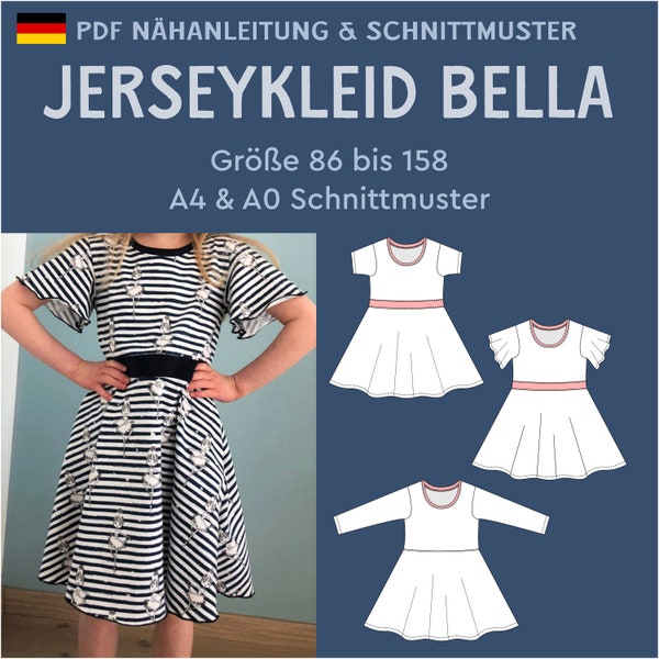 PDF Schnittmuster Bella Mädchenkleid mit Taillenbündchen Jerseykleid Flügelärmel niedliches kleid aus Jersey für Kinder deutsch Nähanleitung