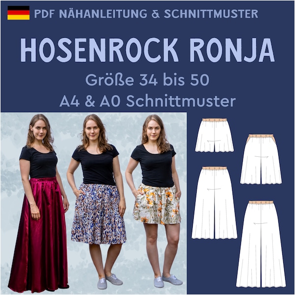 PDF Schnittmuster Hosenrock mit Gummibund und Taschen Ronja kurz, knielang, medi, maxi lang deutsche Nähanleitung eBook alternative Rock