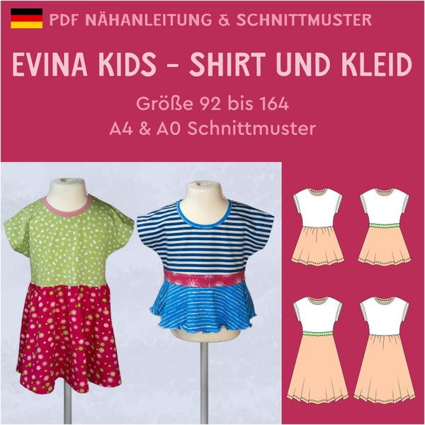 PDF Pattern Loose Shirt Evina for Children Wide Dress Beach Dress Sleeveless eBook Sewing Instructions German Size 92 to 164