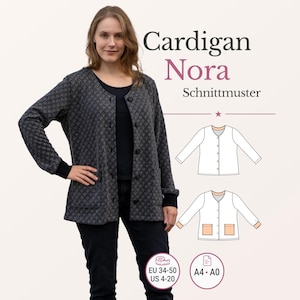 May include: A woman wearing a dark gray cardigan with a geometric pattern, black cuffs, and buttons. The text "Cardigan Nora Schnittmuster" is displayed above the woman. The size range is EU 34-50 and US 4-20.