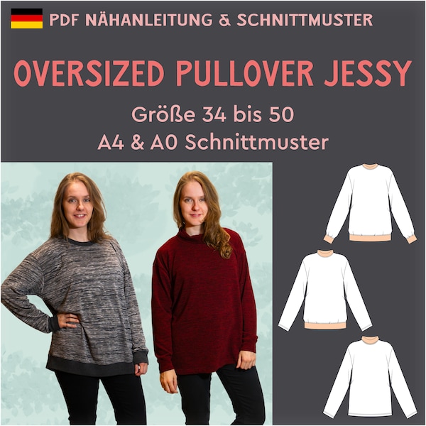 PDF Pattern Oversized Knit Sweater with Turtleneck, Stand-up Collar as Sweater Pullover, Cuff eBook Sewing Instructions German Size 34 - 50