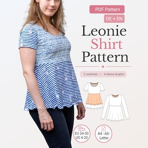 Puede incluir: Una mujer con una camisa a rayas azules y blancas de manga corta. La camisa tiene un escote redondo y un dobladillo acampanado. La imagen incluye el texto "Leonie Shirt Pattern" y detalles sobre escotes y largos de manga.