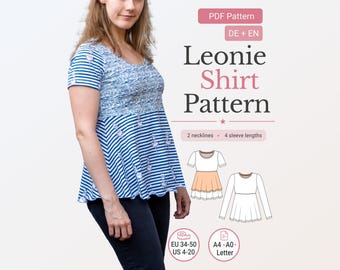 Peplum Top Sewing Pattern pdf Leonie Womens Empire Waist Jersey Top eu 34-50 us 4-20 A4 A0 Letter German English