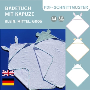 Puede incluir: Patrón de costura PDF para una toalla con capucha y orejas de conejo. El patrón viene en tres tamaños: pequeño, mediano y grande. El patrón está disponible en tamaños A4 y US Letter.