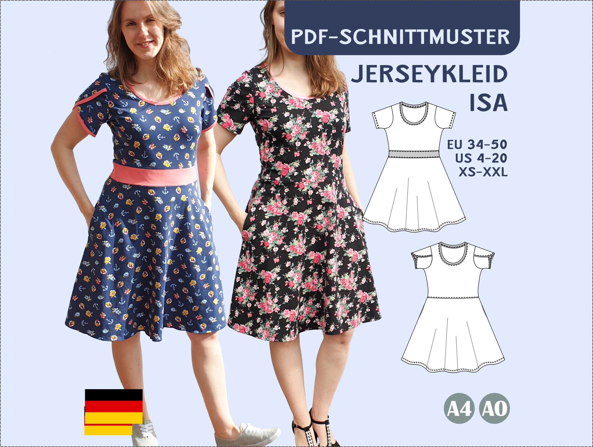 PDF Sewing Pattern Jersey Dress Women Flared Skirt Tulip Sleeve Waistband Beginner Sew A4 A0 Digital EU 34-50 US 4-20 German only