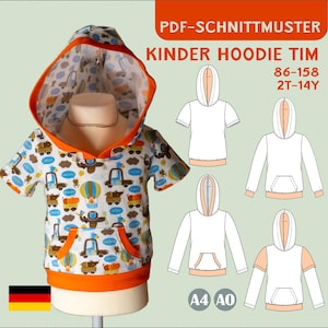 Sewing pattern Tim kids hoodie PDF EU 86-158 US 2-14 hoodie with pocket cap sleeves sweat pants beginners A4 A0 Letter ebook German only