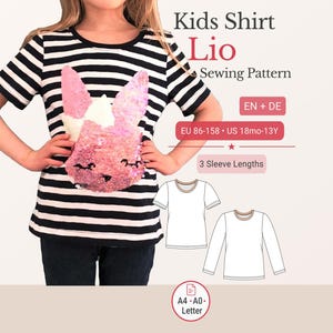 May include: A black and white striped shirt with a pink sequined bunny design. The shirt is part of the "Lio" sewing pattern for kids, available in sizes EU 86-158 and US 18mo-13Y. The pattern includes 3 sleeve lengths.