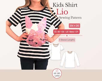 Kids Basic Tee Sewing Pattern Lio pdf T-Shirt Jersey Top Short Long Sleeve EU 86-158 US 18mo-13Y A4 A0 Letter German English