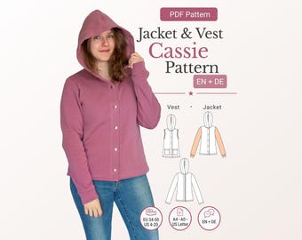 Women jacket sewing pattern Cassie hooded sweat jacket with pockets no zipper pdf de + en eu 34-50 us 4-20 a4 a0 letter