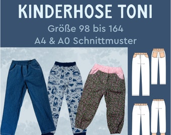 PDF Pattern Long Children's Pants with Elastic Waist Toni in Sweat or Woven Fabric without Zipper Pockets 98 to 164 German Instructions